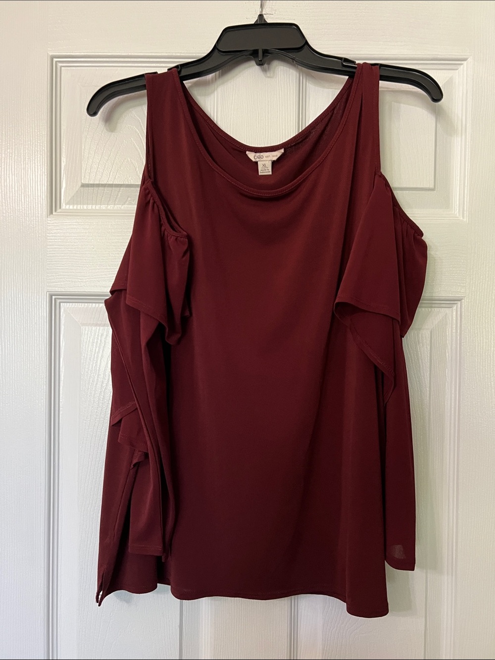 Coldwater Creek Women's Burgundy Cold-Shoulder Blouse with Ruffle Sleeves